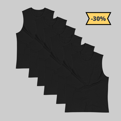 Camiseta Negra de Algodón Sin Mangas 6 Pack - Elegancia y calidad en nuestra insignia. Descubre la perfección del algodón premium importado.