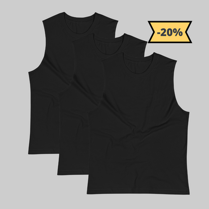 Camiseta Negra de Algodón Sin Mangas 3 Pack - Elegancia y calidad en nuestra insignia. Descubre la perfección del algodón premium importado.\